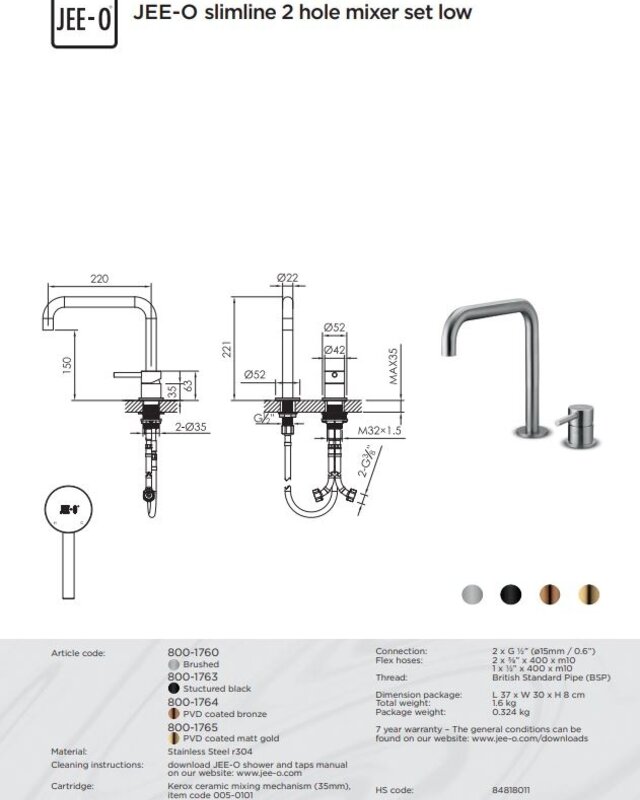 JEE-O Slimline Wastafelkraan - 2 Gaten - H22 cm