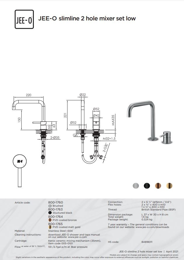 JEE-O Slimline Wastafelkraan - 2 Gaten - H22 cm