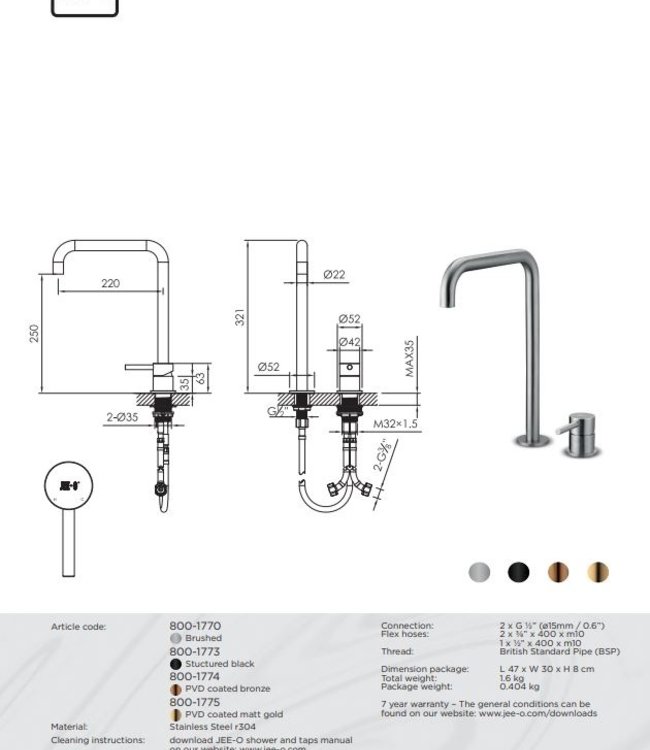 JEE-O Slimline Hoge Wastafelkraan - H32 - Meerdere Kleuren