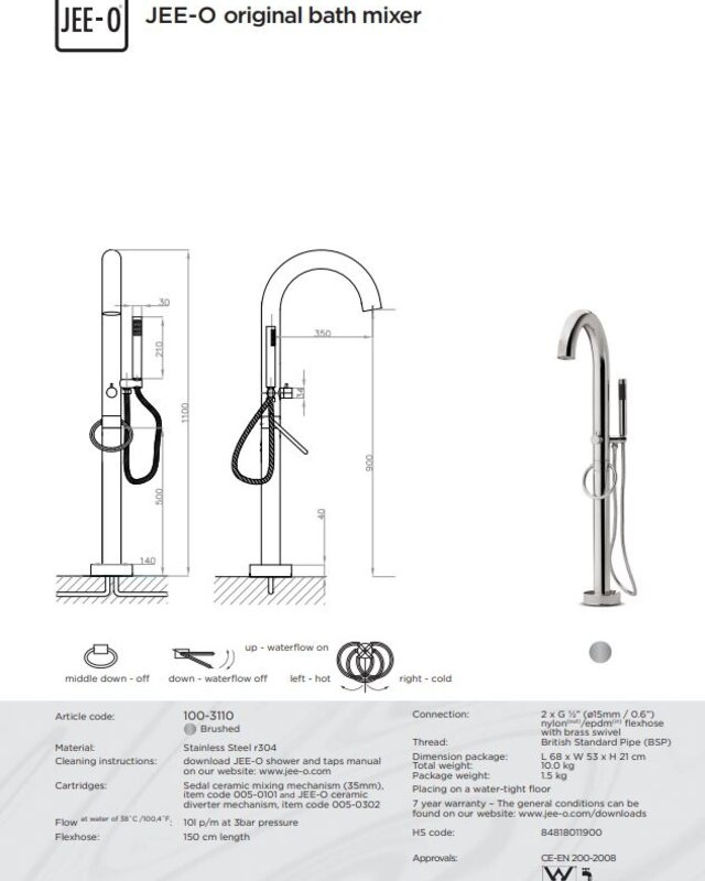 JEE-O Original Vrijstaande Bad-vuller | Met Eengreep-mengkraan en Handdouche | H110 cm