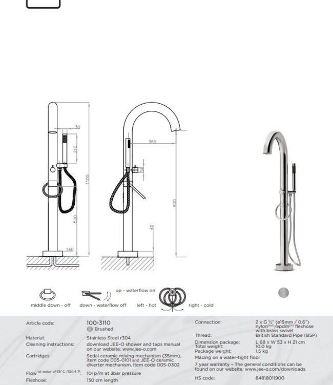 JEE-O Original Vrijstaande Bad-vuller | Met Eengreep-mengkraan en Handdouche | H110 cm