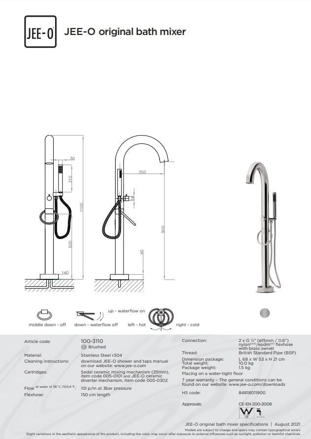 JEE-O Original Vrijstaande Bad-vuller | Met Eengreep-mengkraan en Handdouche | H110 cm