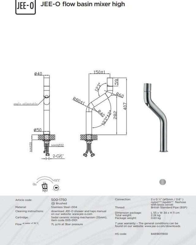 JEE-O Flow Wastafelkraan - Hoog - H40,7 cm