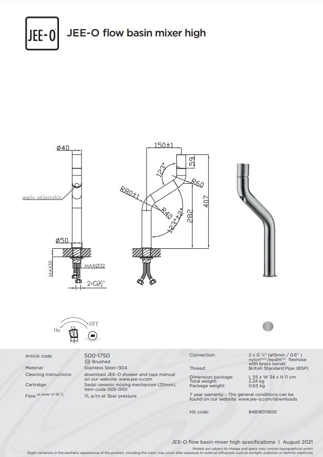 JEE-O Flow Wastafelkraan - Hoog - H40,7 cm