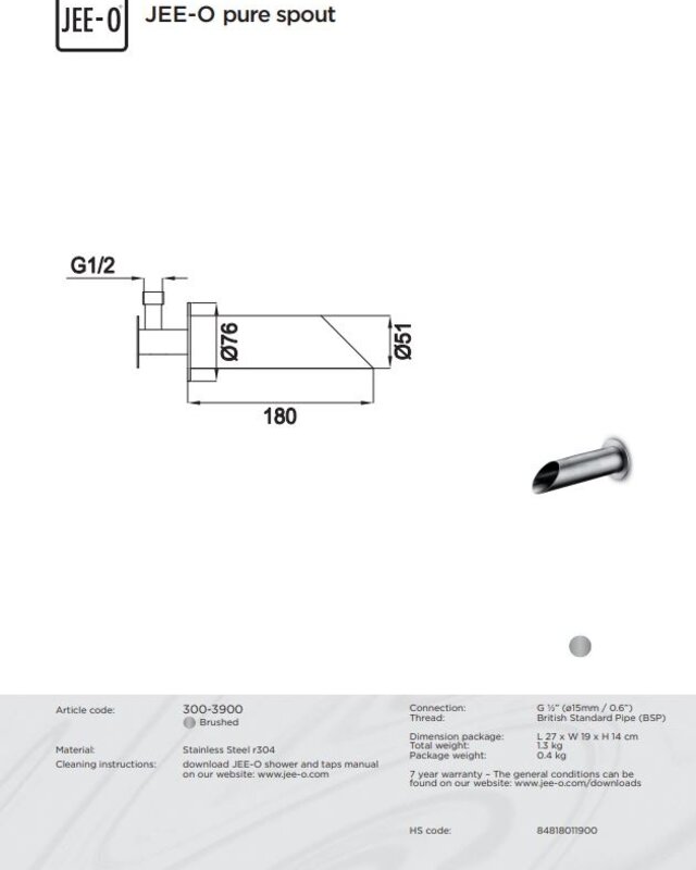 JEE-O Pure Wand Uitloop voor Wastafel of Bad | Zonder Mengpaneel | L18 cm