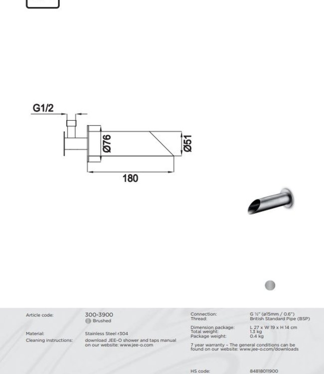 JEE-O Pure Wand Uitloop voor Wastafel of Bad | Zonder Mengpaneel | L18 cm