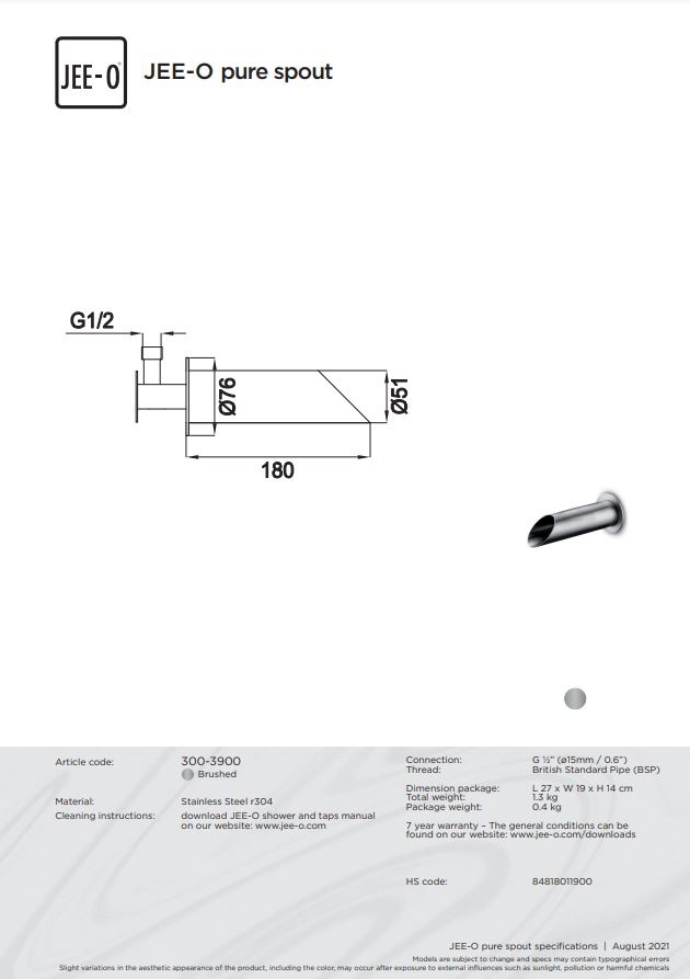 JEE-O Pure Wand Uitloop voor Wastafel of Bad | Zonder Mengpaneel | L18 cm