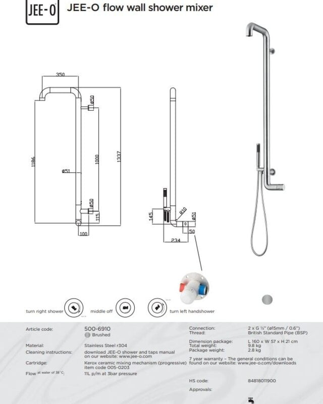 JEE-O Flow Wanddouche | Met Eengreep-mengkraan en Handdouche | H133,7 cm | Geborsteld