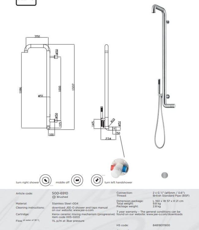 JEE-O Flow Wanddouche | Met Eengreep-mengkraan en Handdouche | H133,7 cm | Geborsteld