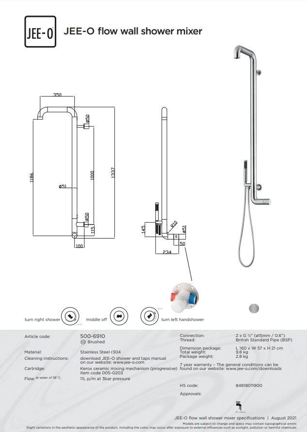 JEE-O Flow Wanddouche | Met Eengreep-mengkraan en Handdouche | H133,7 cm | Geborsteld