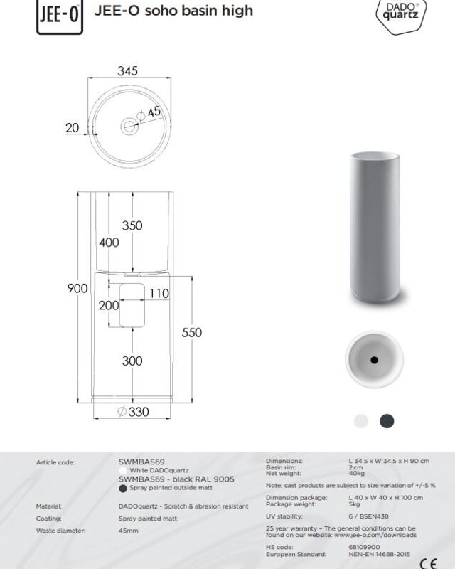 JEE-O SOHO Waskom | Hoog | H90 cm | Twee kleuren