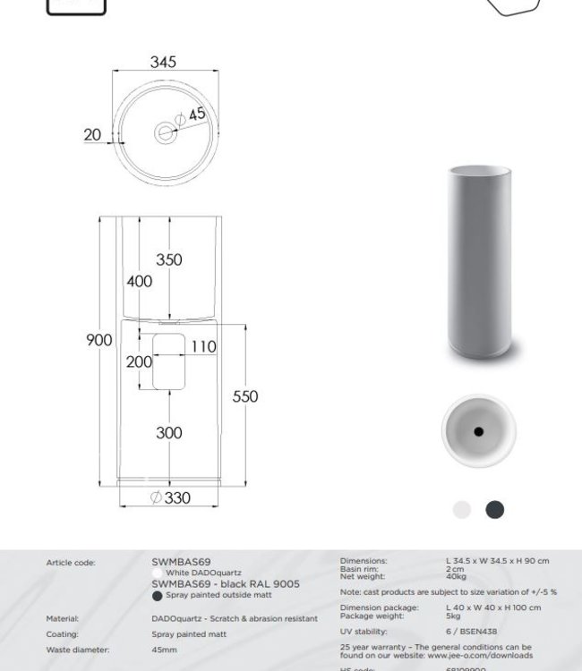 JEE-O SOHO Waskom | Hoog | H90 cm | Twee kleuren
