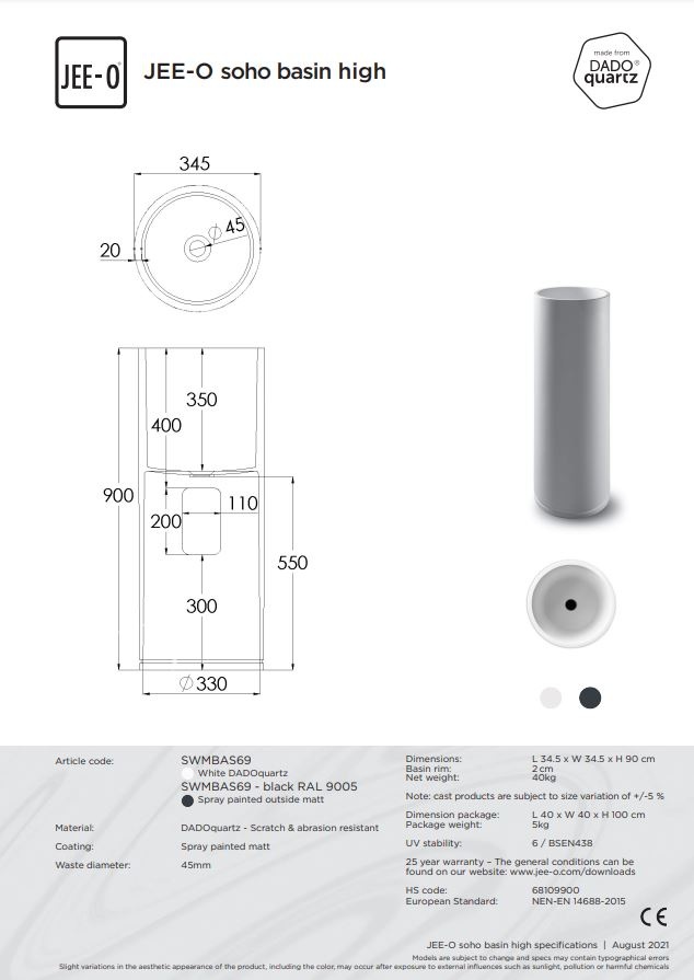 JEE-O SOHO Waskom | Hoog | H90 cm | Twee kleuren