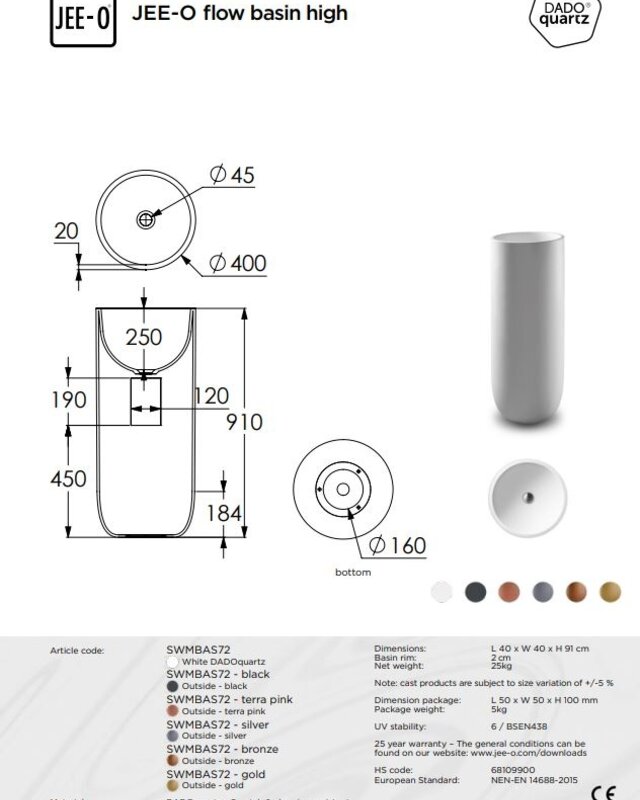 JEE-O Flow Waskom Hoog - H91 cm - Meerdere Kleuren