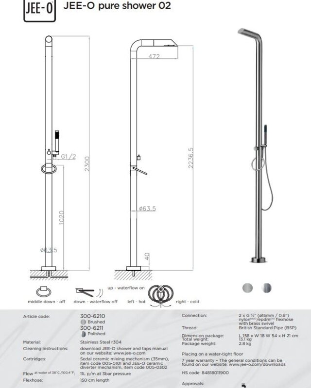 JEE-O Pure Vrijstaande Douche 02 | Met Eengreep-mengkraan en Handdouche | H230 cm