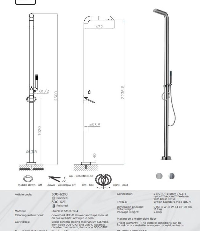 JEE-O Pure Vrijstaande Douche 02 | Met Eengreep-mengkraan en Handdouche | H230 cm