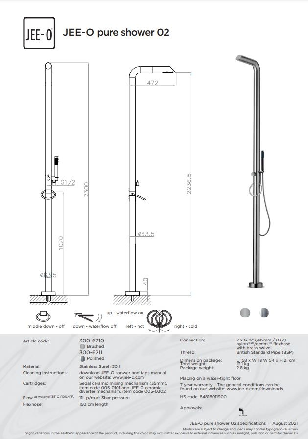 JEE-O Pure Vrijstaande Douche 02 | Met Eengreep-mengkraan en Handdouche | H230 cm