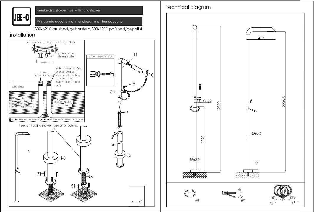 JEE-O Pure Vrijstaande Douche 02 | Met Eengreep-mengkraan en Handdouche | H230 cm