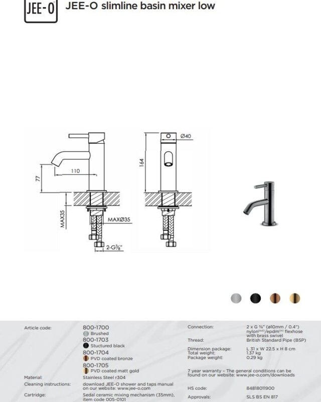 JEE-O Slimline Wastafelkraan - H16,4 cm - Meerdere Kleuren
