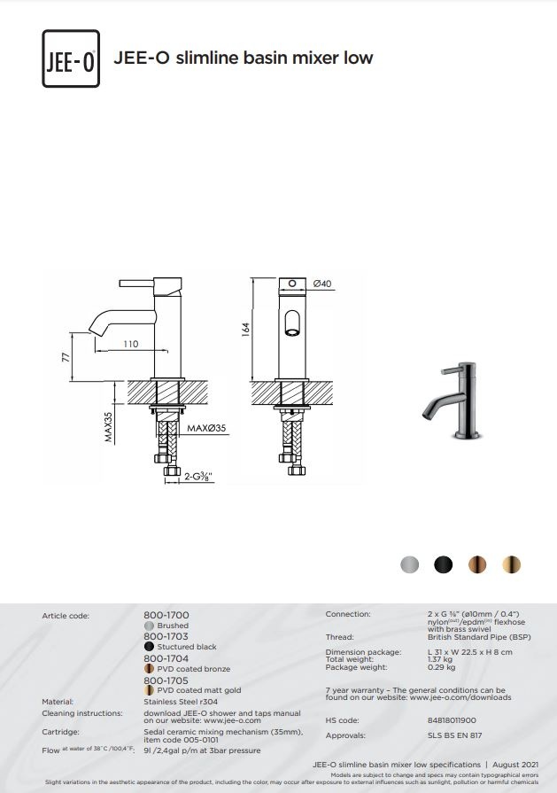 JEE-O Slimline Wastafelkraan - H16,4 cm - Meerdere Kleuren