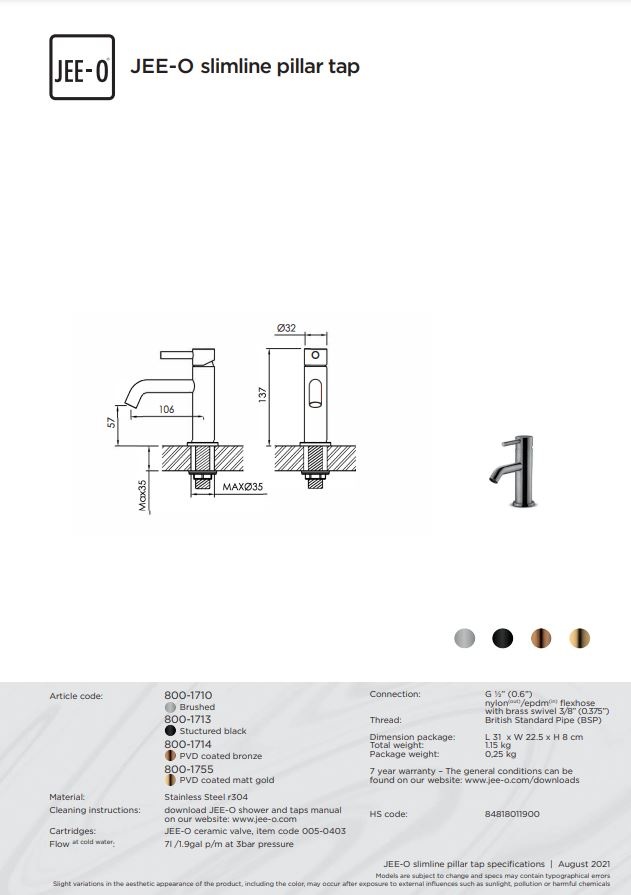 JEE-O Slimline Fonteinkraan - H13,7 cm - Meerdere Kleuren