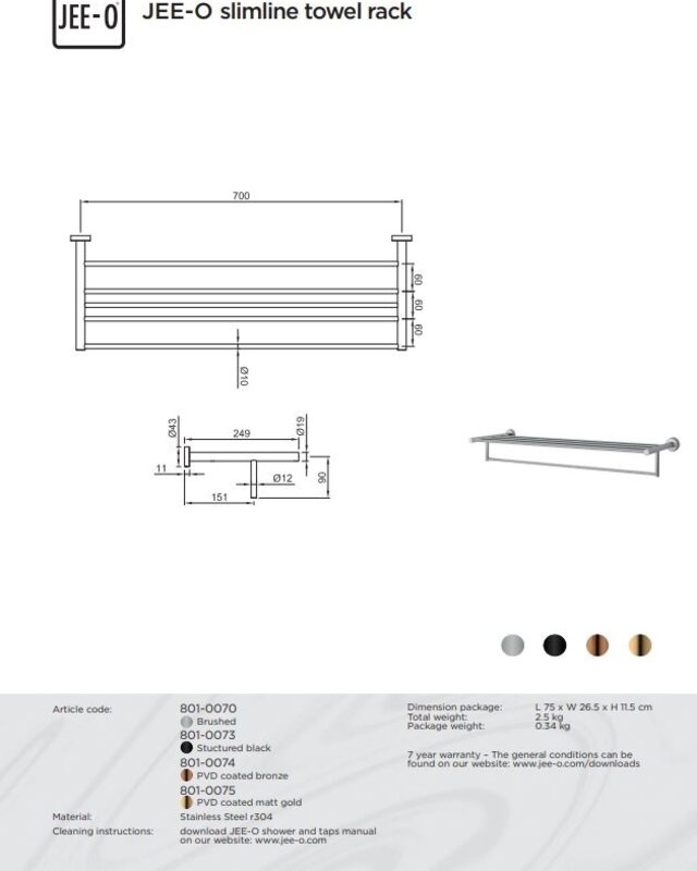 JEE-O Slimline Handdoekrek - L70 cm - Meerdere Kleuren