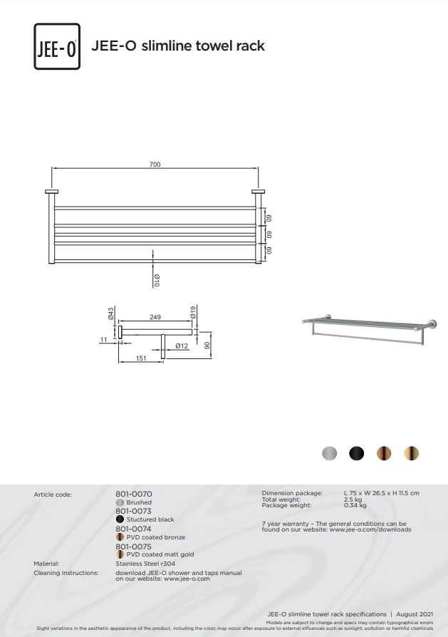 JEE-O Slimline Handdoekrek - L70 cm - Meerdere Kleuren