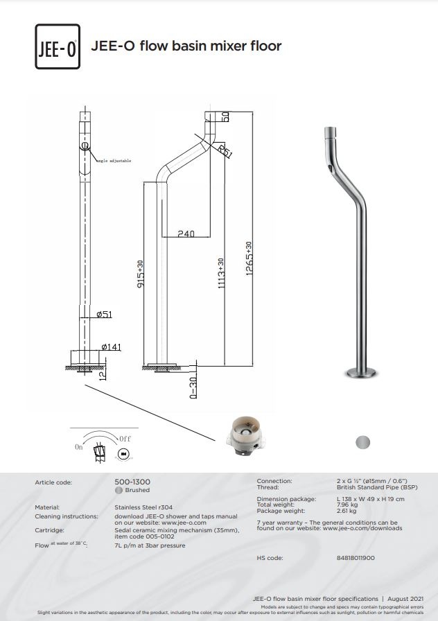 JEE-O Flow Vrijstaande Wastafelkraan - H126,5 cm