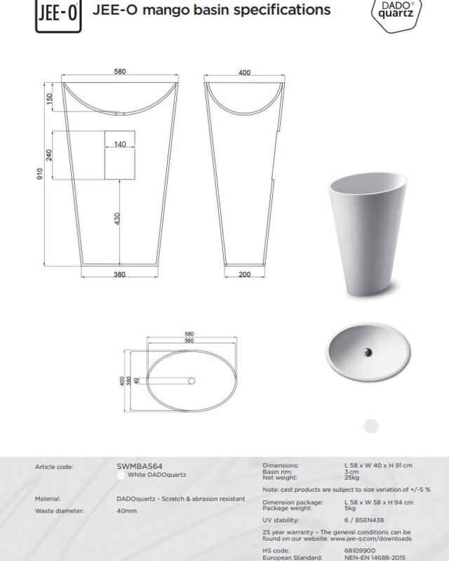 JEE-O Mango Waskom - L58 x H91 cm - Wit