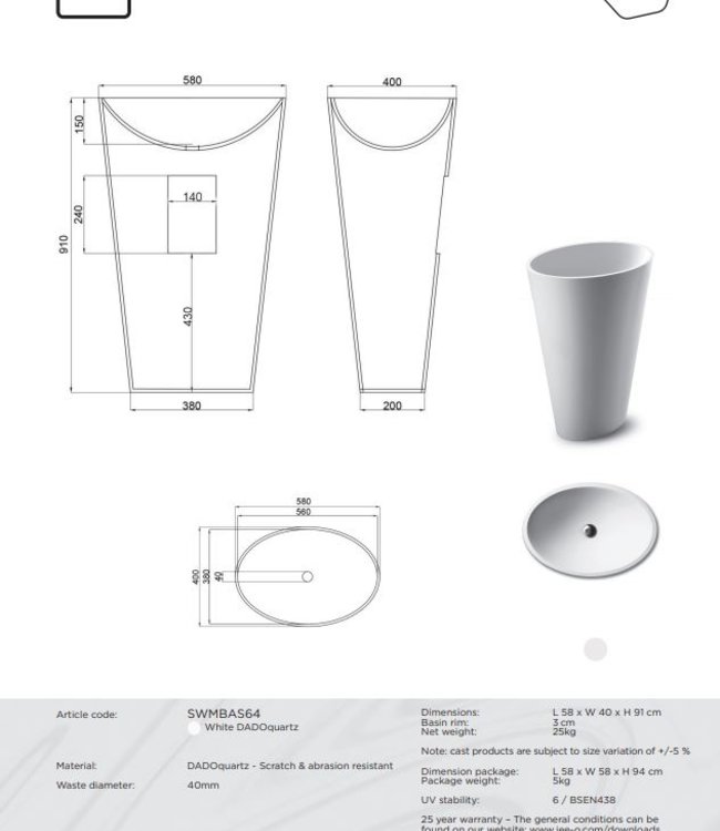 JEE-O Mango Waskom - L58 x H91 cm - Wit