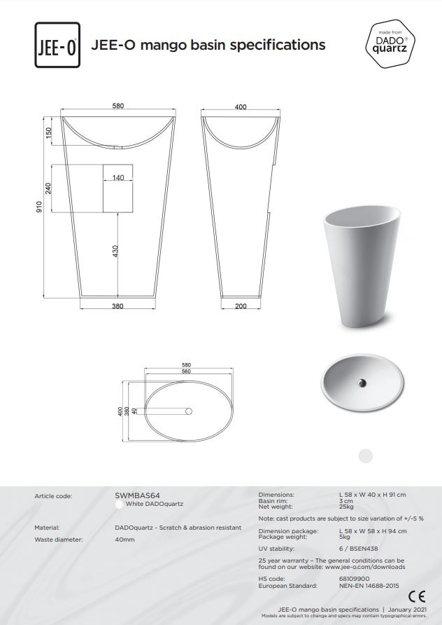JEE-O Mango Waskom - L58 x H91 cm - Wit