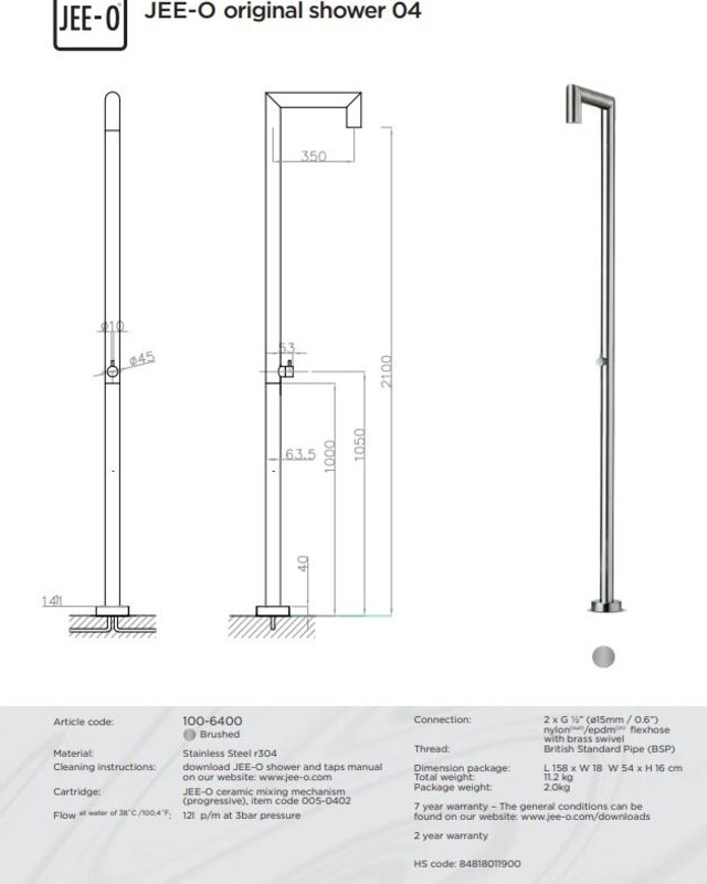 JEE-O Original Vrijstaande Douche 04 | Met Mengkraan en Progressieve Cartridge | H210 x L35 cm