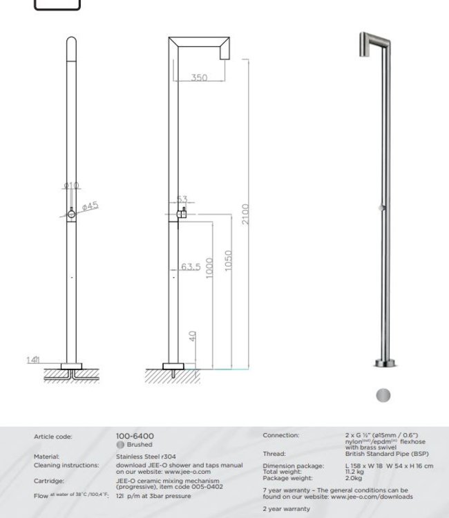 JEE-O Original Vrijstaande Douche 04 | Met Mengkraan en Progressieve Cartridge | H210 x L35 cm