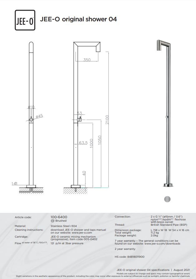 JEE-O Original Vrijstaande Douche 04 | Met Mengkraan en Progressieve Cartridge | H210 x L35 cm