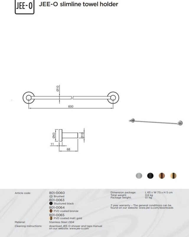 JEE-O Slimline Handdoekhouder - L60 cm