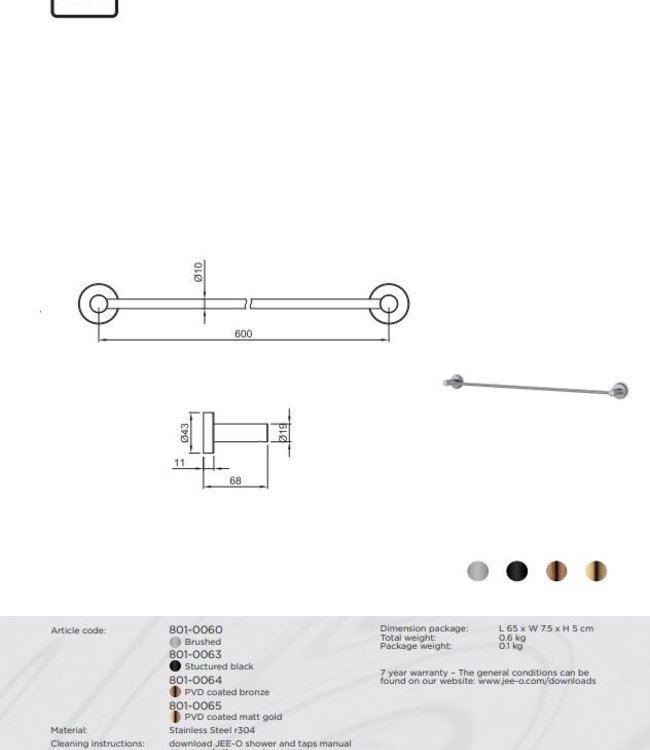 JEE-O Slimline Handdoekhouder - L60 cm