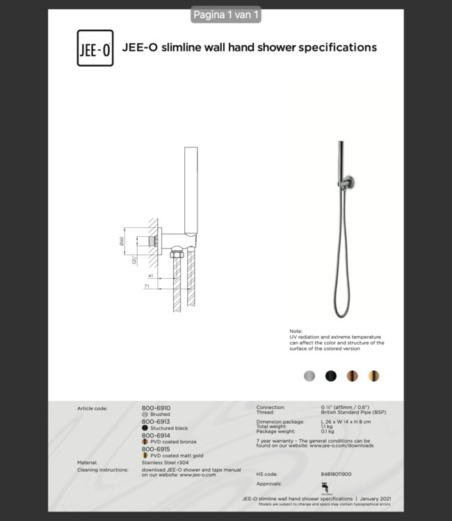 JEE-O Slimline Wand Douche Combinatie 02 | Met Handdouche | Meerdere kleuren