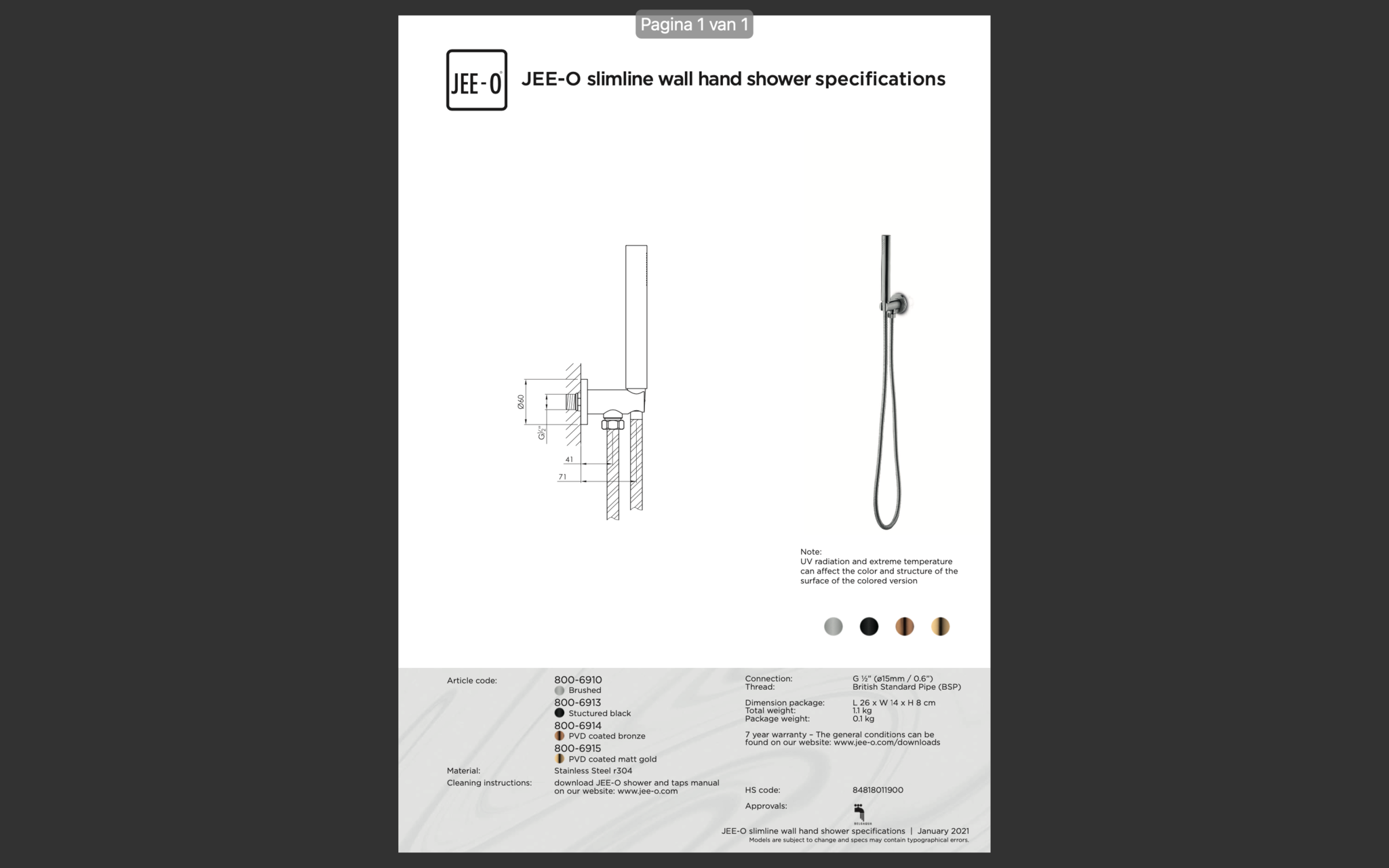 JEE-O Slimline Wand Douche Combinatie 02 | Met Handdouche | Meerdere kleuren