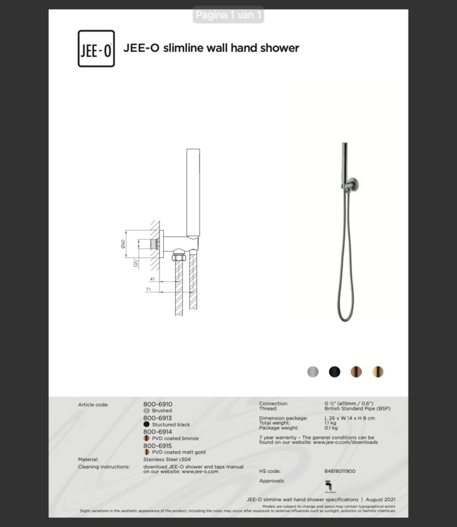 JEE-O Slimline Wand Douche Combinatie 03 | Met Handdouche | Meerdere kleuren