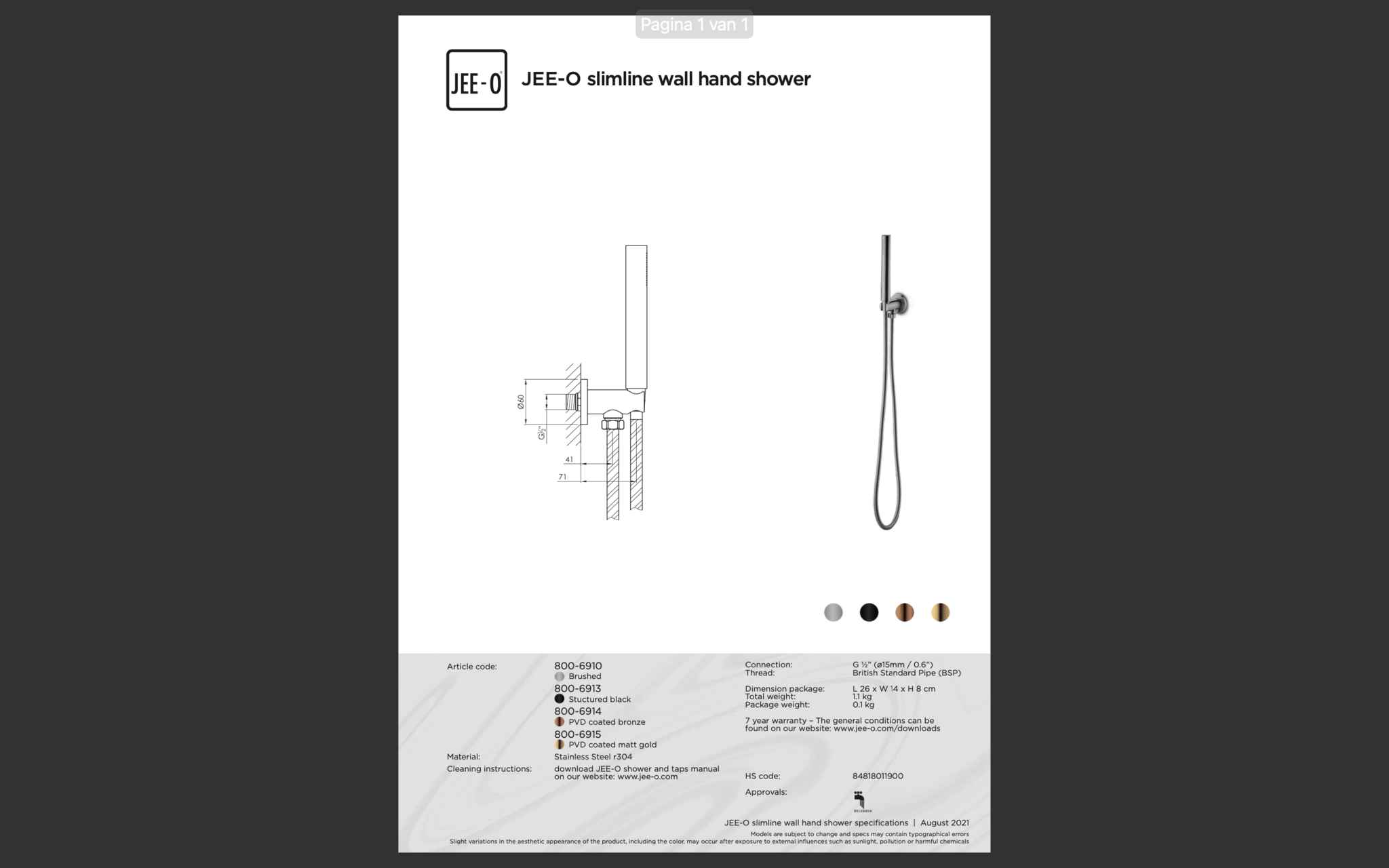 JEE-O Slimline Wand Douche Combinatie 03 | Met Handdouche | Meerdere kleuren