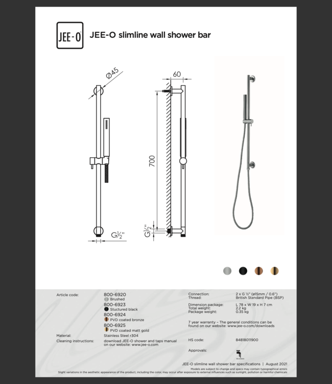JEE-O Slimline Wand Douche Combinatie 04 | Met Handdouche | Meerdere kleuren