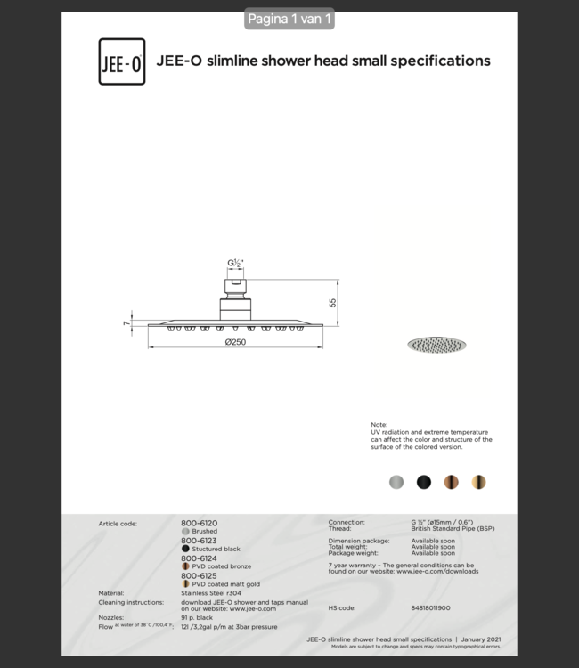 JEE-O Slimline Wand Douche Combinatie 04 | Met Handdouche | Meerdere kleuren