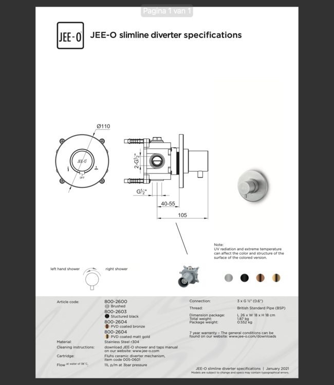 JEE-O Slimline Wand Douche Combinatie 04 | Met Handdouche | Meerdere kleuren