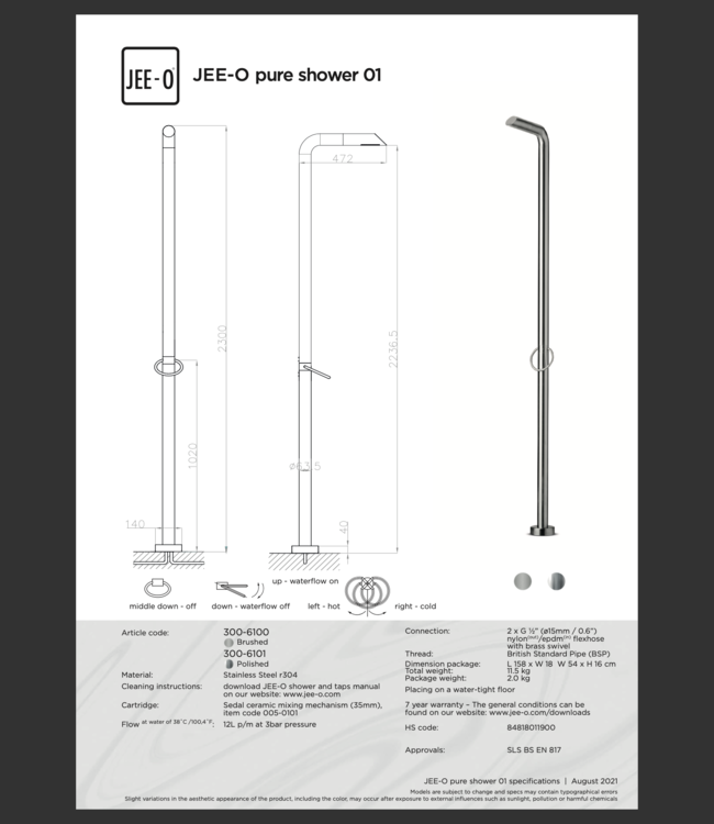 JEE-O Pure Vrijstaande Douche 01 | Met Eengreep-mengkraan