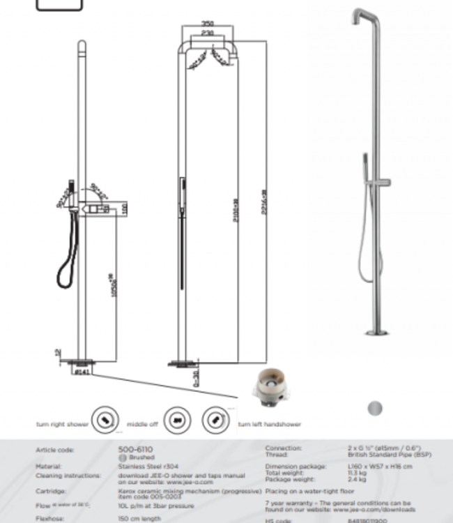 JEE-O Flow Vrijstaande Douche 02 | Met Handdouche | Geborsteld