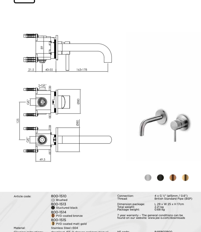 JEE-O Slimline Wand Wastafelkraan | 90 graden uitloop | Meerdere kleuren