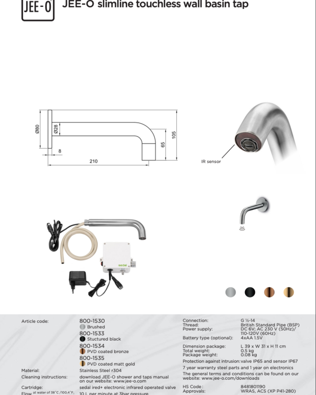 JEE-O Slimline Wand Sensor Kraan | Meerdere kleuren