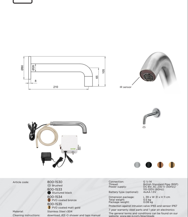 JEE-O Slimline Wand Sensor Kraan | Meerdere kleuren