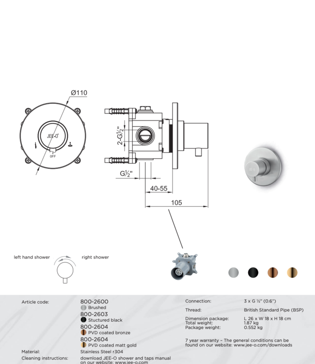 JEE-O Slimline Wand Bad/Douche Omsteller met Inbouw-deel | Meerdere kleuren