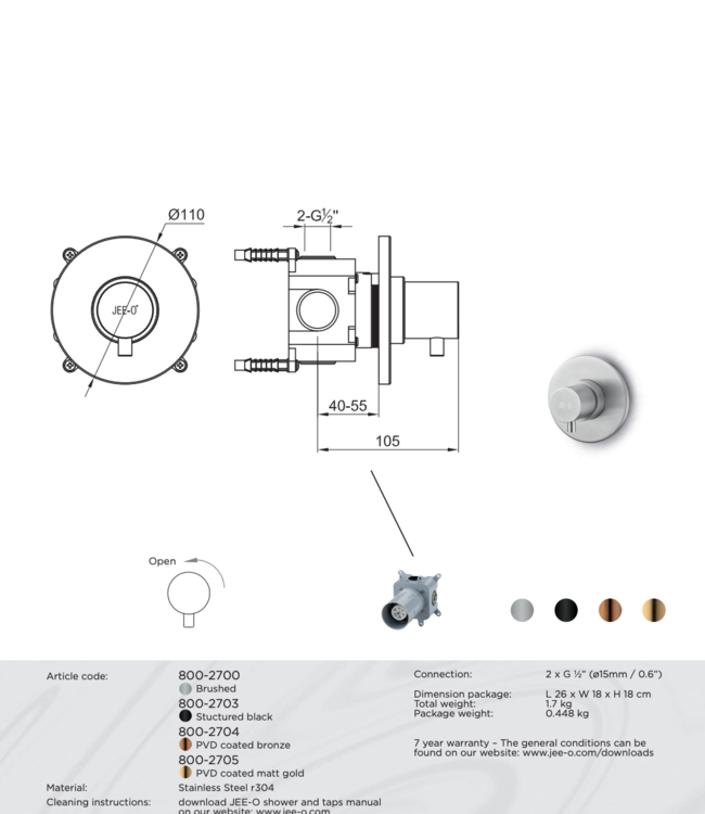JEE-O Slimline Wand Inbouw Stopkraan | Meerdere kleuren